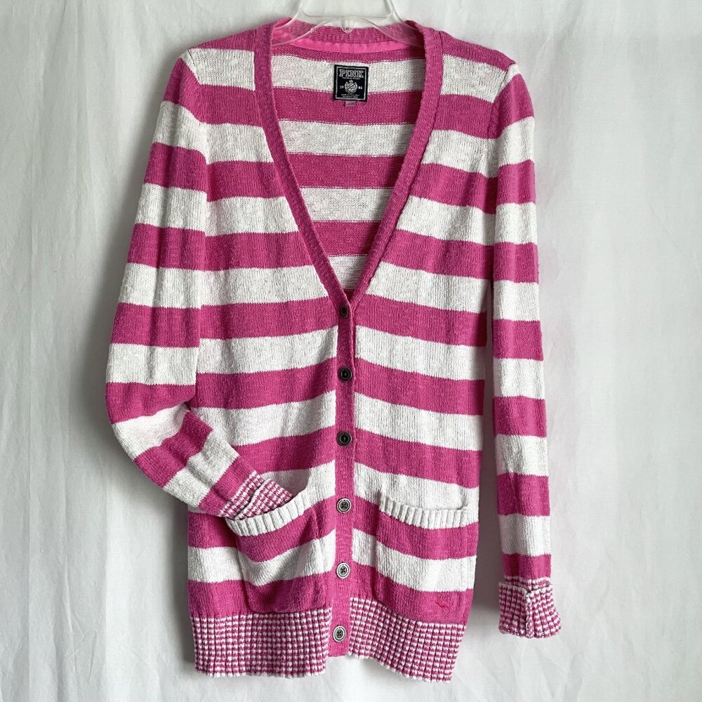 PINK Victoria’s Secret Varsity Stripe Button Down Cardigan Sweater Size S Pink